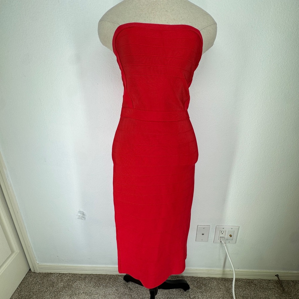 Vintage Bebe Red Strapless Bandage Knit Bodycon Midi Dress Medium Zip Bratz Glam